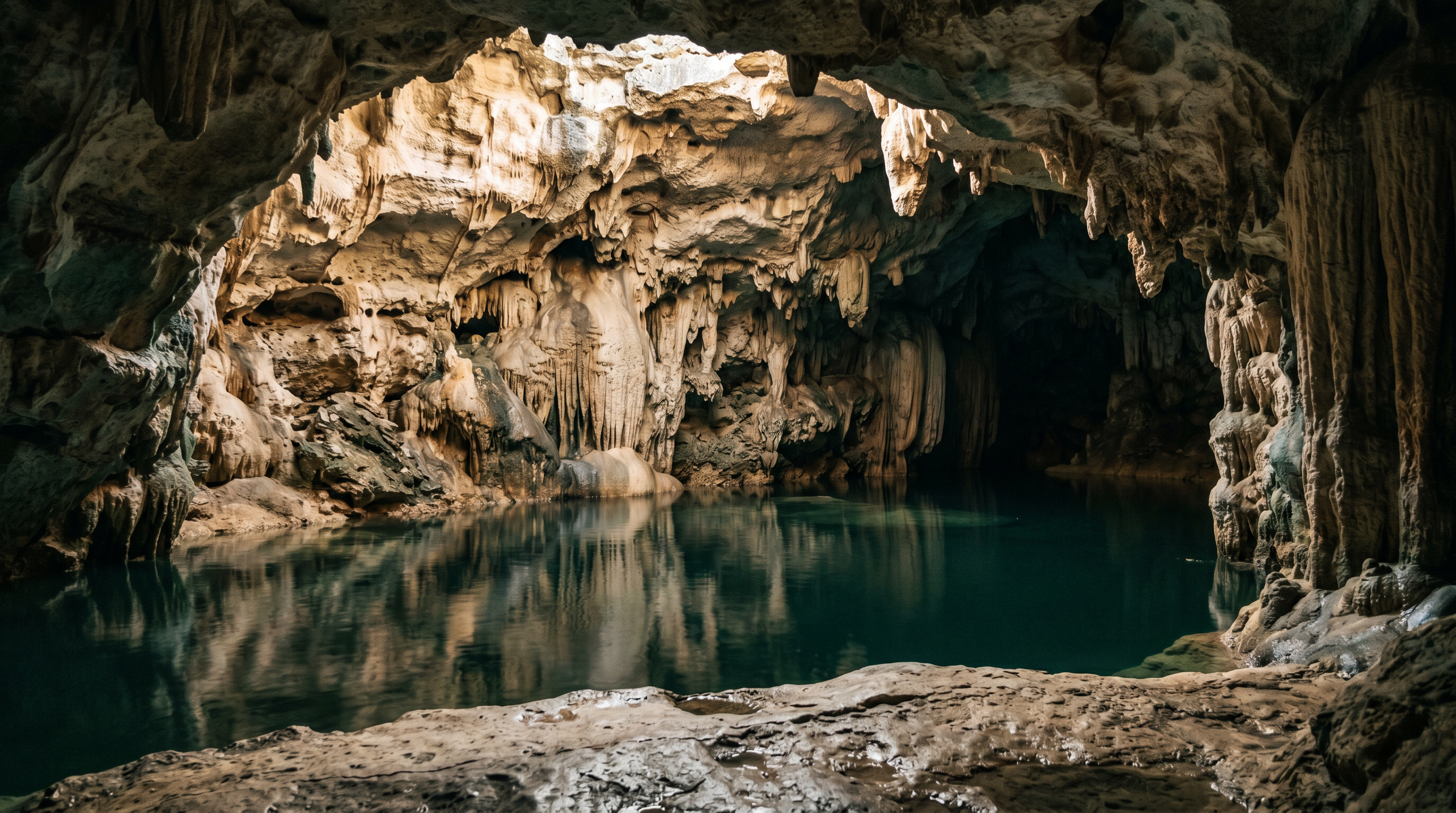 Piscina natural de roca caliza dentro de la caverna