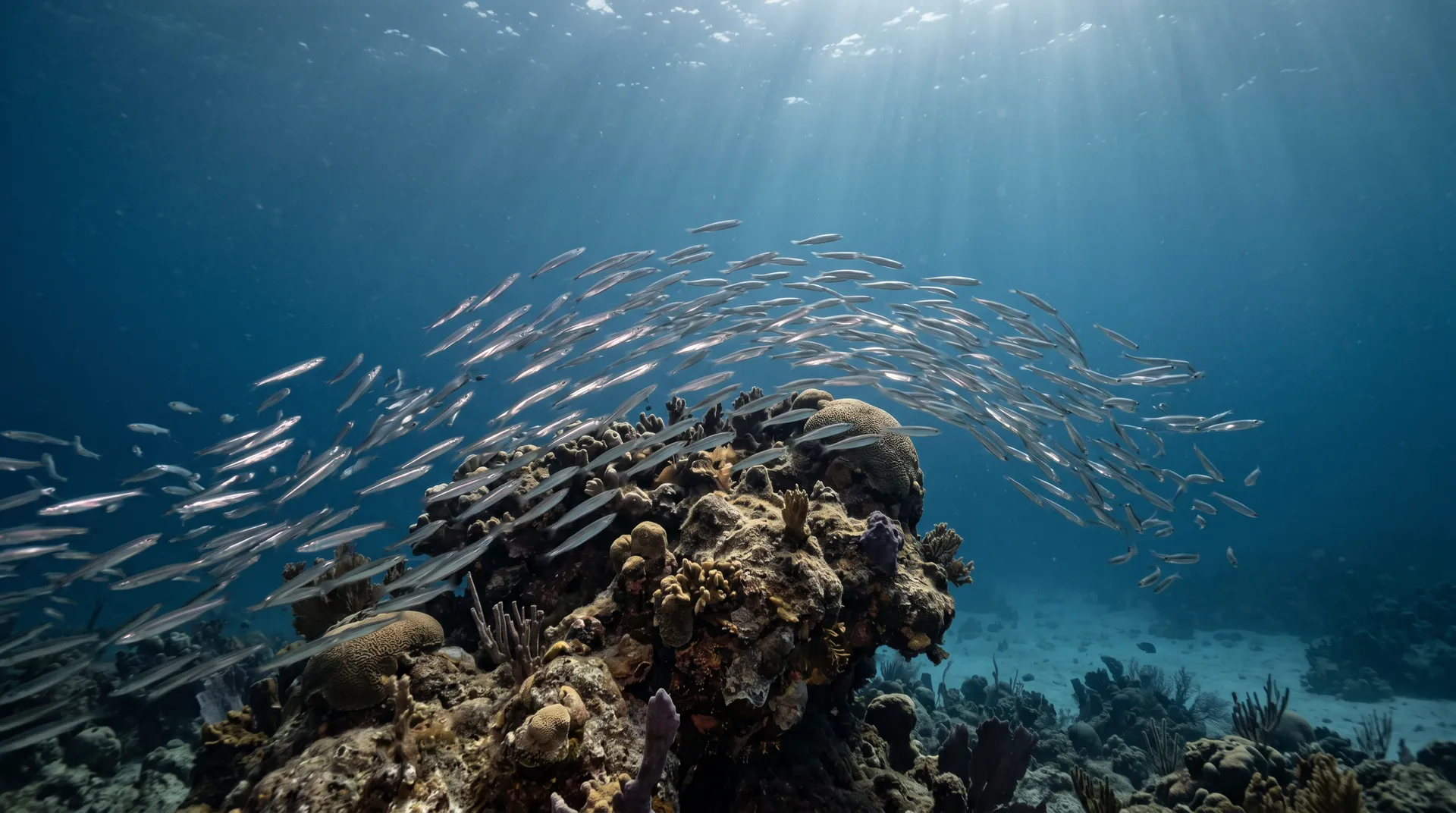 Cardumen de peces plateados nadando junto al coral en la bahía de Akumal
