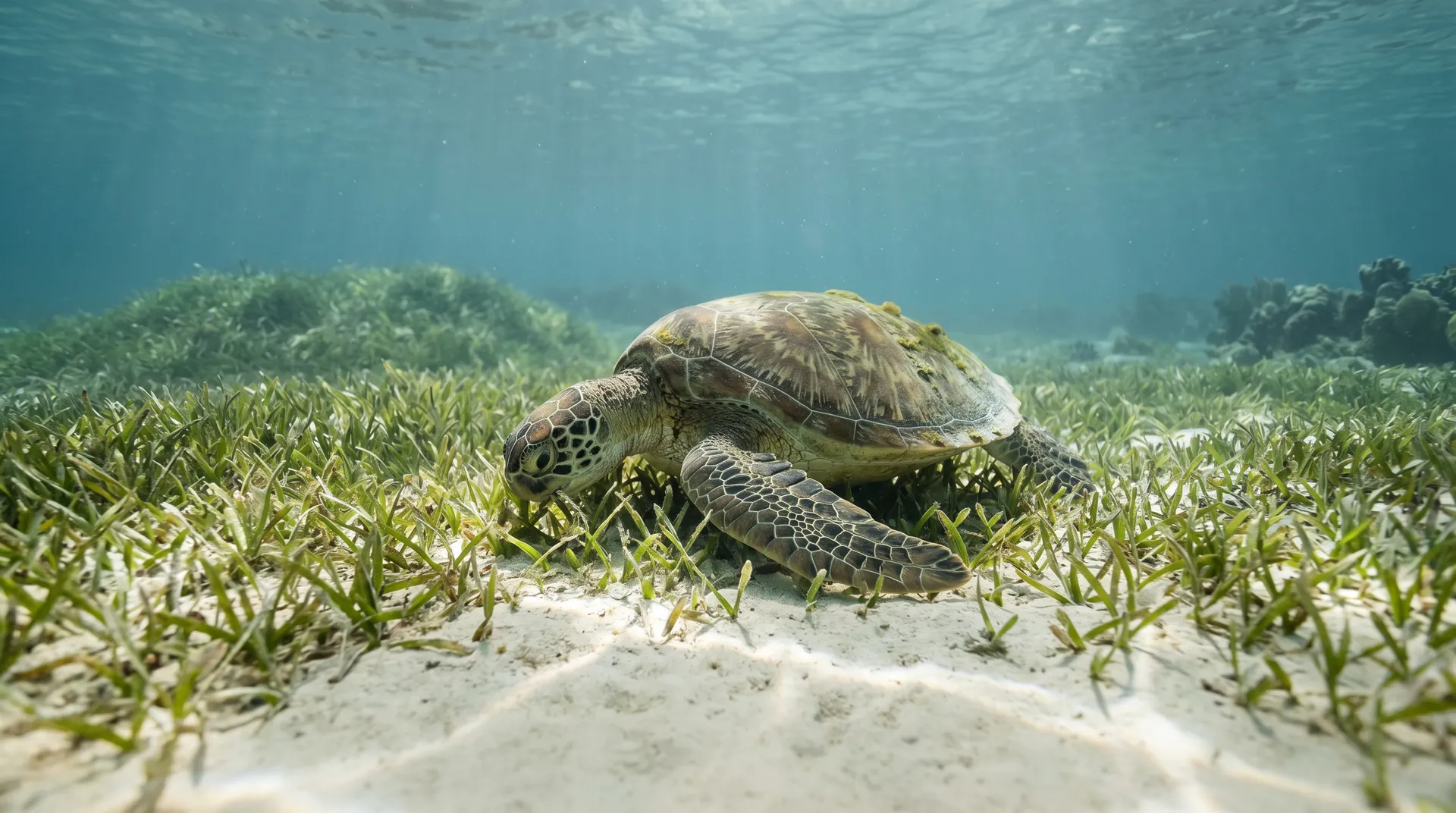Tortuga marina pastando sobre la pradera de pasto marino en la bahía de Akumal