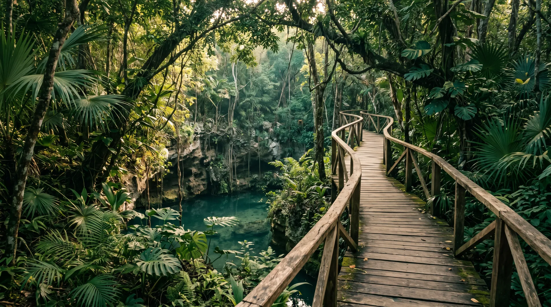 Pasarela de madera entre la selva hacia un cenote cerca de Tulum