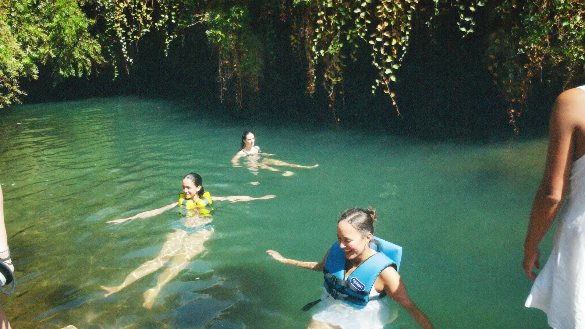 Visitantes flotando con chalecos salvavidas en un cenote abierto de Tulum