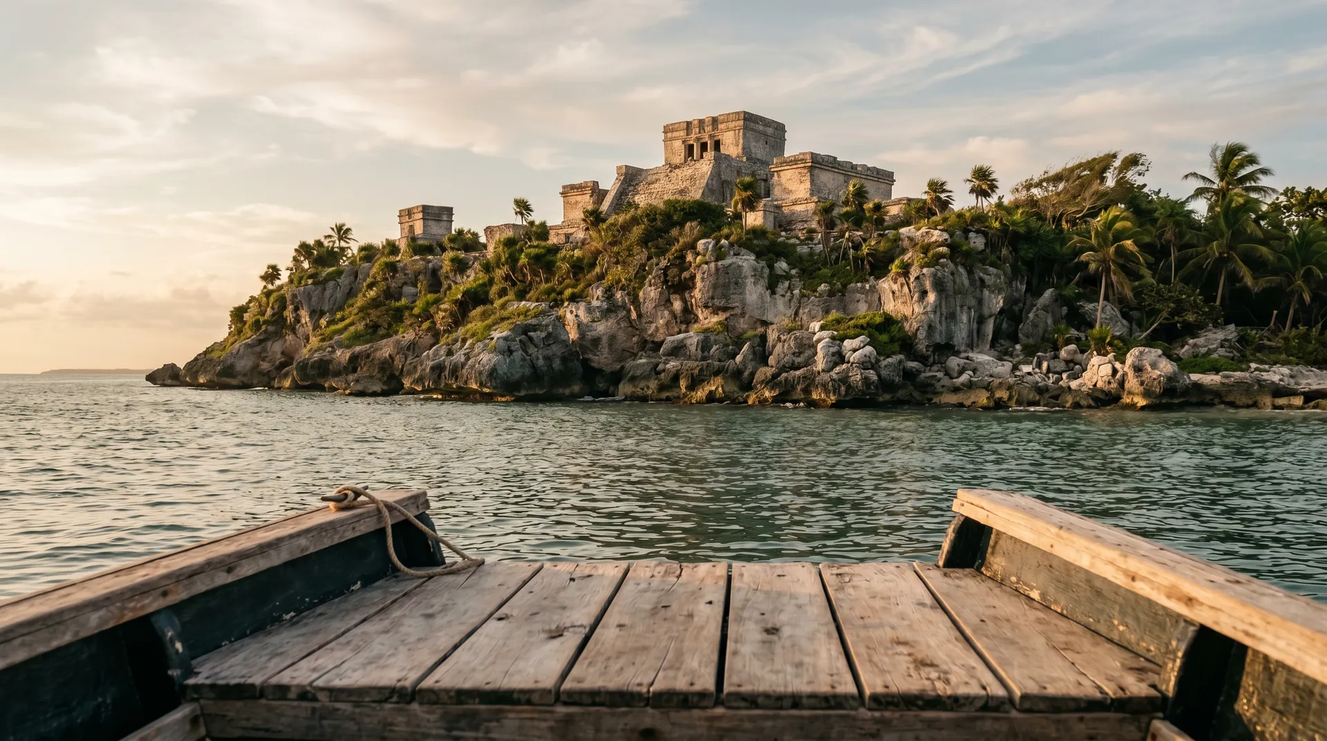 El Castillo de las ruinas de Tulum sobre el acantilado frente al mar Caribe