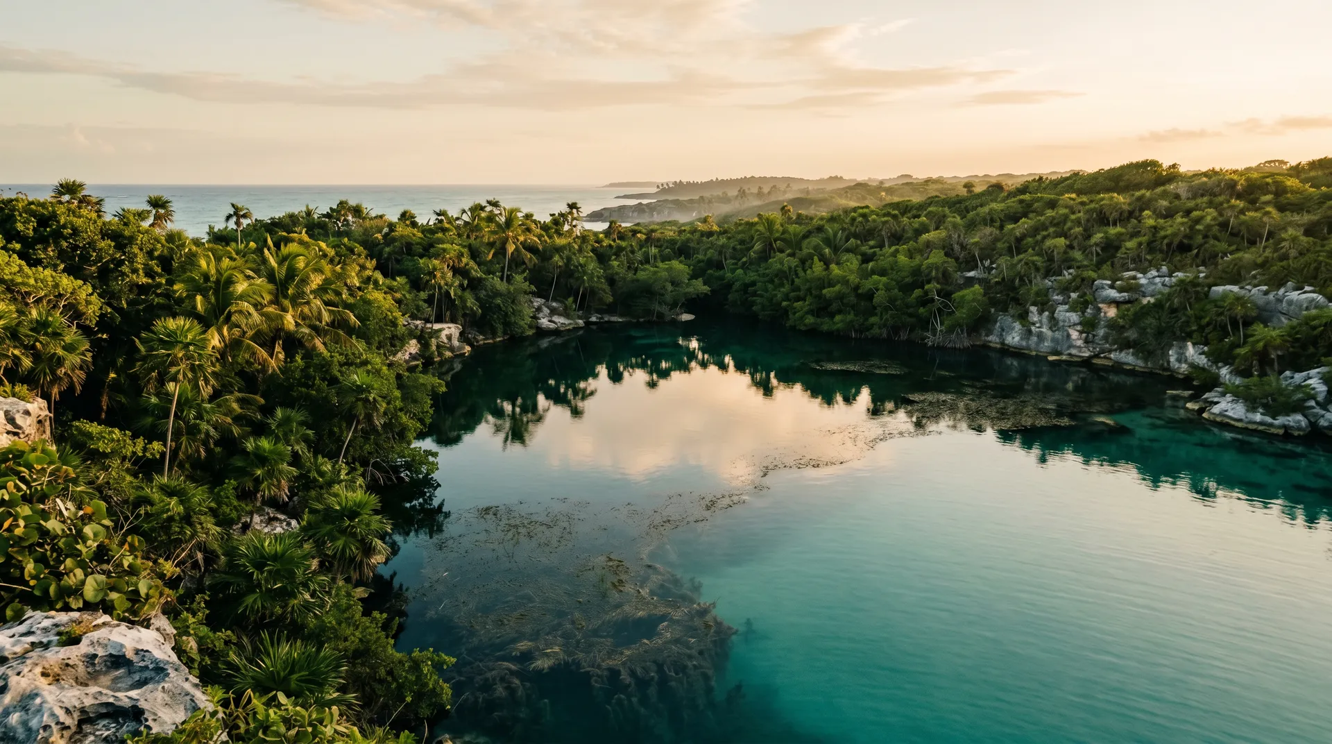 Vista elevada de la costa caribeña entre Playa del Carmen y Tulum